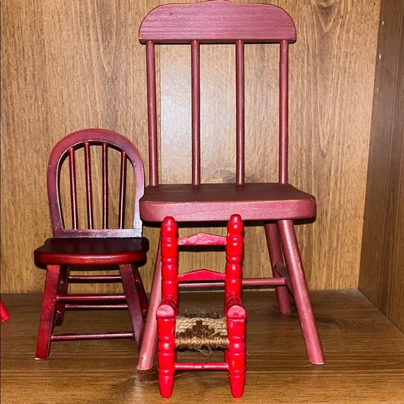 Set of 3 Miniature doll, Red and Burgandy painted Wooden Chairs, 3rd chair sold - Picture 8 of 10
